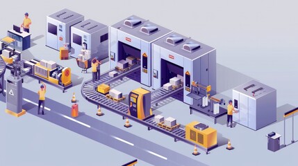 Wall Mural - Vector illustration of an isometric factory with an automated mechanized conveyor line Shows industrial robotic conveyor production line with plant workers in an electronic factory