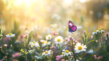 Poster - Purple butterfly flies over small wild white flowers in grass in rays of sunlight Spring summer fresh artistic image of beauty morning nature Selective soft focus : Generative AI