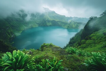 Poster - Serene Mountain Lake with Misty Clouds