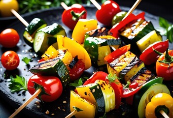 Wall Mural - colorful grilled vegetable fresh bell cherry tomatoes bbq sticks, pepper, zucchini, skewer, healthy, tasty, organic, delicious, vibrant, appetizing, nutritious,