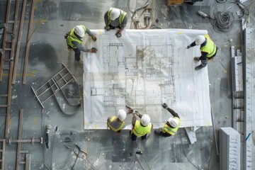 Construction workers in warehouse reviewing blueprint for new project with safety gear and tools