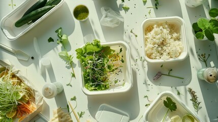 Canvas Print - White and green takeaway food evoking eco-consciousness., AI Generative
