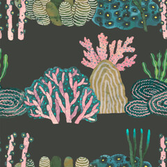 Wall Mural - Coral reef seamless pattern. underwater nature vector illustration. watercolor painting