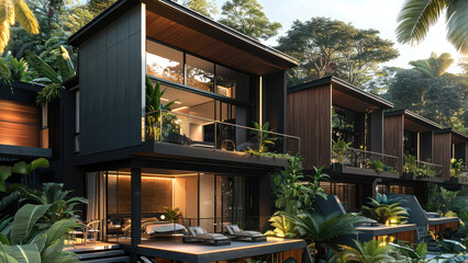 Leinwandbilder - A set of modern minimalist townhouses with angular geometry and black wood cladding, nestled in the tropical rainforest. Generative AI.