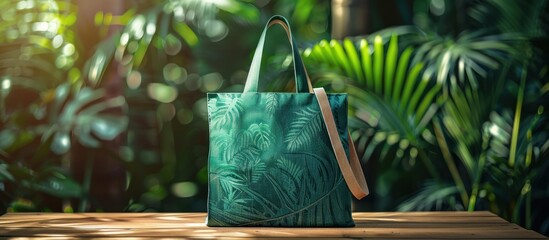 A green purse with a leaf design sits on a wooden table in front of a lush green