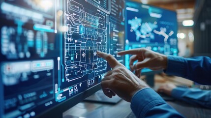 A team of aerospace engineers collaborating on a new aircraft design, digital art, in a modern office with blueprints and advanced computer systems.