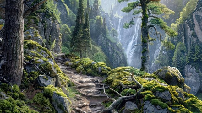 A forested mountain trail with moss-covered rocks and ancient trees, leading to a hidden waterfall.