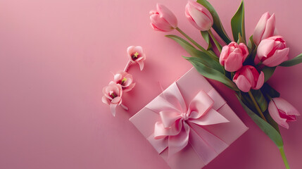 Wall Mural - Mothers Day concept Top view photo of stylish pink giftbox with ribbon bow and bouquet of tulips on isolated pastel pink background with copyspace : Generative AI