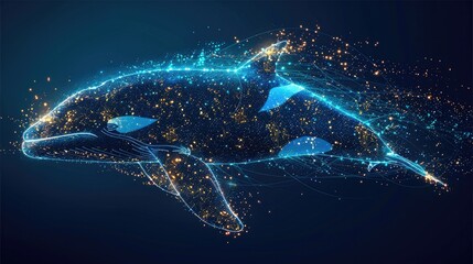 Fototapete - flat 2D illustrate with glowing blue killer whale made of digital particles with geometric lines, Particles go from light to dark, yellow, green and blue light, black background. Generative AI.