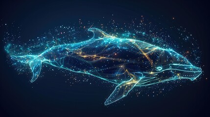 Fototapete - flat 2D illustrate with glowing blue killer whale made of digital particles with geometric lines, Particles go from light to dark, yellow, green and blue light, black background. Generative AI.