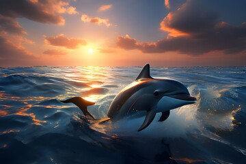 Dolphin living in its natural habitat, in the beatiful sea swimming and jumping out of the water