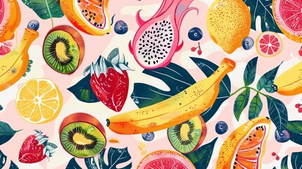 Wall Mural - Colorful, hand-drawn summer fruits arrange in a modern painting style for a seamless pattern. The fruits include bananas, kiwis, strawberries, papayas, lemons, oranges, and dragon fruits.