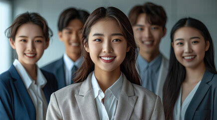 Wall Mural - A group of good-looking Asian business people in modern office, They are smiling with confidence, isolated on white background. Generative AI.