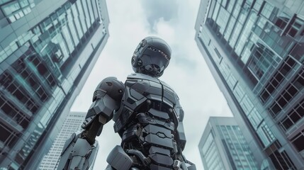 Wall Mural - A futuristic image of a humanoid robot standing amidst skyscrapers