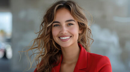 Poster - A beautiful young woman, with a broad smile in a red business dress. Generative AI.