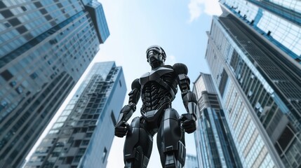 Wall Mural - A futuristic image of a humanoid robot standing amidst skyscrapers