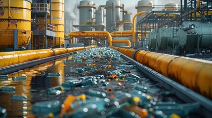 Fototapete - The process of extracting oil from non-recyclable plastic waste using new technology. where plastics are heated, breaking down long-chain molecules into synthetic crude oil. Generative AI.