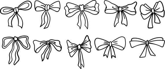 Set of Decorative Line Art Bow Ribbon. Hand Drawn Doodle Ribbon Bow Gift.