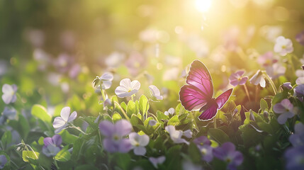 Wall Mural - Purple butterfly on wild white violet flowers in grass in rays of sunlight macro Spring summer fresh artistic image of beauty morning nature Selective soft focus : Generative AI