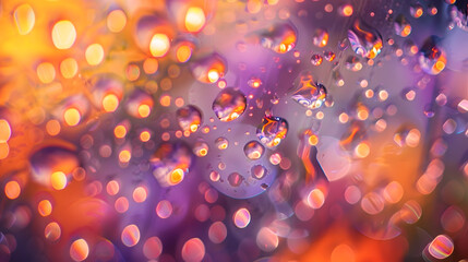 Closeup of water droplets on glass over a blurred floral pattern with vibrant orange and purple hues : Generative AI