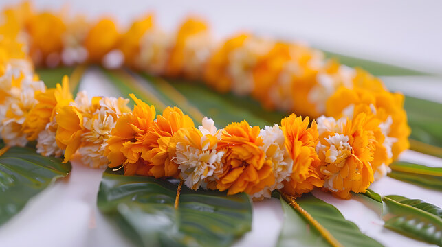 Indian flower garland of mango leaves and marigold flowers for marriage and festivals traditional : Generative AI