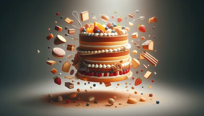 Wall Mural -  A layered cake is floating in the air, surrounded by its ingredients. The cake is decorated with various toppings, including chocolate, berries, and nuts. The background is a soft, brown color, 