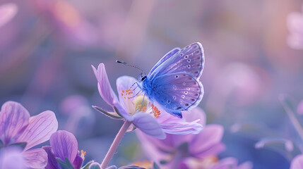 Wall Mural - Beautiful purple blue butterfly on an anemone forest flower in spring nature closeup macro : Generative AI