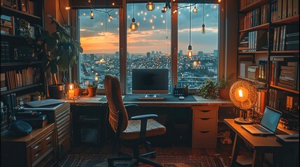 Canvas Print - Cozy home office, moody lights. Generative AI.