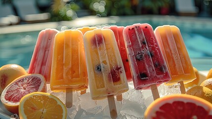 Wall Mural - A variety of colorful fruit popsicles displayed on a bed of ice in a tray. The setting includes a sunny backyard with a pool. Generative AI.