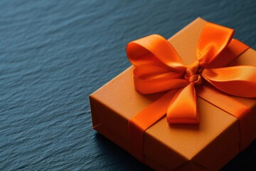 A small orange gift box wrapped with an orange bow