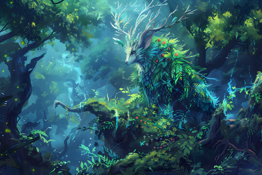 A detailed illustration of an elf druid in animal form, blending into the forest, with vibrant plants and mystical creatures, set in a dense, enchanted woodland