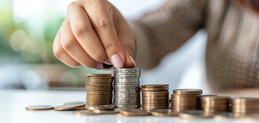 Poster - Businesswoman's hand stacking coins on office desk, illustrating money crowding and financial planning concept