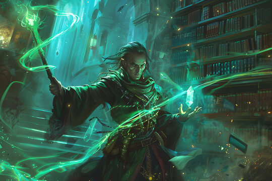 A vibrant illustration of a half-elf wizard casting a powerful arcane spell, with glowing magical runes and a staff topped with a crystal, set in an ancient library