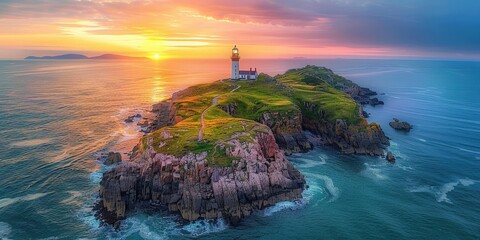 Wall Mural - Lighthouse on a Rocky Island at Sunset