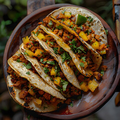Poster - Wooden plate loaded with tacos meat, veggies, finger food