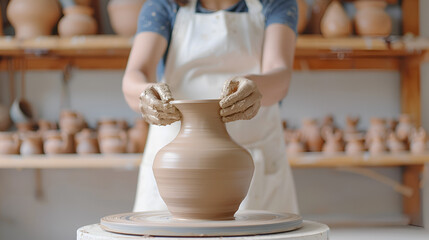 A skilled potter shaping a clay vase on a pottery wheel in a modern studio