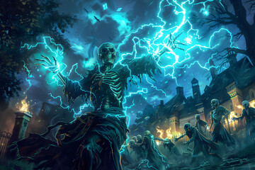 Wall Mural - A detailed illustration of a human necromancer raising an army of skeletons, with dark energy emanating from their hands, set in a spooky graveyard