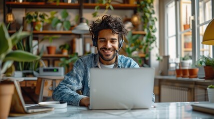 Aufkleber - A man smiling using a laptop on a video call, with headphones, in office, in the morning. Generative AI.