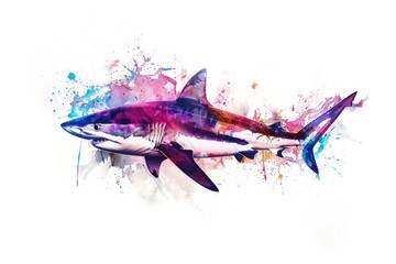 A single great white shark swimming freely in the open water, on a white background