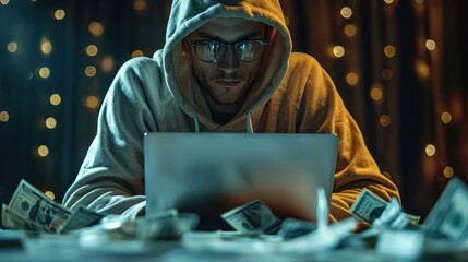 Fototapete - Black room, a hacker in glasses and a hooded sweatshirt seats with laptop in the centre of room, A lot of money lies on the floor. Generative AI.