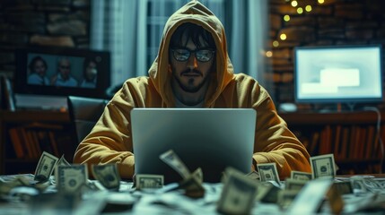 Fototapete - Black room, a hacker in glasses and a hooded sweatshirt seats with laptop in the centre of room, A lot of money lies on the floor. Generative AI.