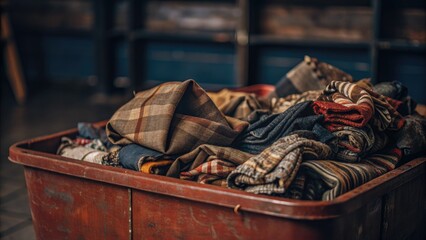 Poster - Basket of warm blankets on wooden floor.