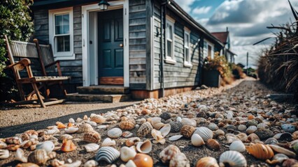 Poster - Charming cottage with a stone pathway and shells.