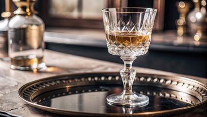 Poster - Elegant glass of liqueur on a silver tray.