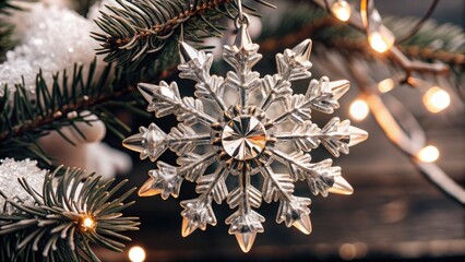 Canvas Print - Crystal snowflake ornament with twinkling lights.