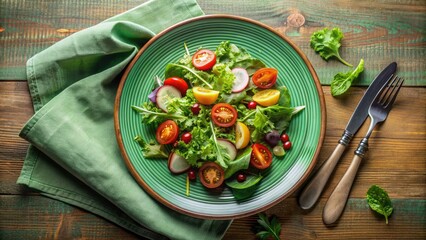 Wall Mural - Fresh garden salad with cherry tomatoes and greens on a green plate.