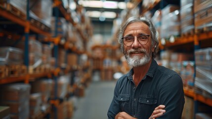Aufkleber - A smiling handsome man in his sixties managing the logistics warehouse, coordinating loading and unloading goods, blurred background of a warehouse. Generative AI.
