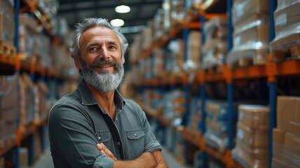 Aufkleber - A smiling handsome man in his sixties managing the logistics warehouse, coordinating loading and unloading goods, blurred background of a warehouse. Generative AI.