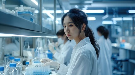 Poster - A modern laboratory, Chinese woman scientists in lab coats working on peptide synthesis, advanced lab equipment in the background. Bright, clean, and organized lab environment. Generative AI.