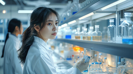Poster - A modern laboratory, Chinese woman scientists in lab coats working on peptide synthesis, advanced lab equipment in the background. Bright, clean, and organized lab environment. Generative AI.
